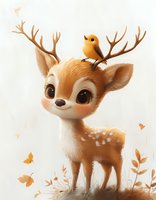 Adorable baby deer with big eyes and antlers, orange bird perched on antler, surrounded by falling autumn leaves on light background. For children's book illustration.