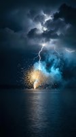 Dramatic lightning strike over ocean water with explosive sparks and dark storm clouds creating powerful atmospheric energy display for weather concepts.