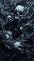 Dramatic composition of human skulls surrounded by intricate baroque-style swirling patterns in dark blue tones, creating mysterious gothic atmosphere.