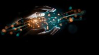 Human hands cupping glowing digital network connections with light particles and data points floating in dark space for technology concepts.