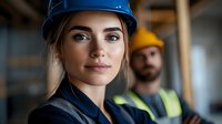 Young female construction worker in blue hard hat and safety gear at building site with male colleague in background for industrial workplace concepts.