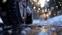 Winter tire on snowy road with bokeh light effects and water splashes, close-up view showing deep tread pattern for automotive and transportation safety.