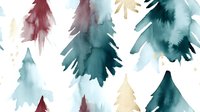Watercolor winter forest pattern with burgundy and emerald pine trees and golden accents on white background, seamless repeat design for holiday decor and packaging.