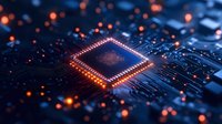 Glowing microchip on circuit board with orange light effects and digital connections, modern processor technology on dark background with bokeh.