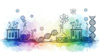 Colorful watercolor chemistry laboratory scene with test tubes, flasks, DNA helixes and molecular structures on white background for educational design.