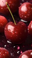 Fresh ripe cherries with water drops on dark background, macro shot showing juicy red fruit texture and natural stem in dramatic lighting.