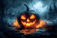 Glowing jack o lantern with carved scary face illuminated from within against dark forest background with full moon and burning flames on ground.