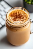 Creamy iced coffee drink in mason jar topped with frothy milk foam and cocoa powder dusting, photographed in natural light on white surface with soft shadows.