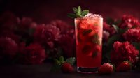 Red berry cocktail with fresh mint garnish surrounded by vibrant flowers and strawberries on dark background for summer drink menu and beverage advertising.
