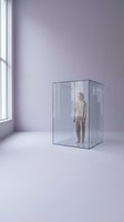 Minimalist conceptual art showing person trapped inside transparent glass box in purple room with natural window light for mental health awareness campaigns.