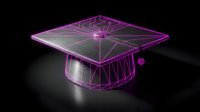 Neon wireframe graduation cap with glowing purple and pink lines on dark background, symbolizing education, technology, and academic achievement for digital learning concepts.