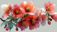 Watercolor cherry blossom branch with pink coral flowers and green leaves on neutral background for spring decoration and botanical art projects.