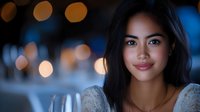 Young Asian woman with long dark hair smiling at camera in urban evening setting with warm bokeh lights creating atmospheric background for lifestyle content.