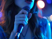 Female vocalist performing with microphone in nightclub with colorful stage lighting, creating atmospheric entertainment scene for music events.