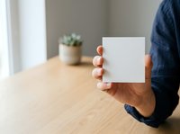 Man holding blank white square card at wooden desk with plant, mockup for branding, packaging design, or marketing materials.