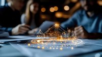 Glowing holographic city skyline projection on business table with golden light particles, modern architecture visualization during office meeting.