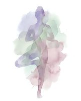 Watercolor silhouette of woman in yoga tree pose with purple pink green flowing paint splashes on white background for wellness meditation design.
