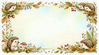 Hedgehog and autumn foliage frame with empty center space, featuring seasonal leaves, berries, mushrooms, and woodland creatures on isolated background for design projects.