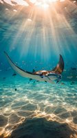 Majestic manta ray gliding through crystal clear tropical waters with sunbeams streaming from surface creating magical underwater scene with sandy ocean floor.