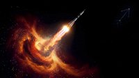 Rocket launching with fiery orange and red explosion trail against dark space background, symbolizing growth, success, and upward momentum for business and startup concepts.