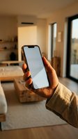 Hand holding smartphone with blank white screen in modern living room interior with warm natural lighting for app presentation and mockup designs.