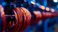 Copper wire coils on industrial spools illuminated with blue lighting create dramatic contrast in manufacturing facility, highlighting metallic texture and depth.