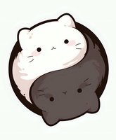 Cute black and white cats forming yin yang symbol with kawaii style faces, whiskers and round shapes on isolated background for stickers and merchandise design.