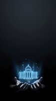 Glowing government building floating above open hands with magical light effects on dark background for political and civic concepts.