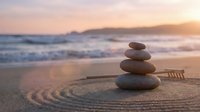Zen stone stack on sandy beach with circular patterns at golden sunset. Meditation and mindfulness concept for wellness and spiritual balance practices.