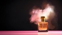 Luxury perfume bottle with pink smoke cloud against dark background on pink surface, elegant fragrance presentation with dramatic lighting and atmosphere.