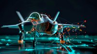Futuristic military jet fighter with glowing neon wireframe overlay on dark background, showcasing advanced aviation technology and digital design.