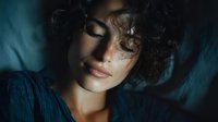 Young woman with curly hair and closed eyes in moody blue lighting, expressing peaceful contemplation against dark textured background.