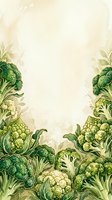 Fresh green cruciferous vegetables including broccoli, cauliflower, and romanesco arranged on cream watercolor background with copy space for culinary, recipe, and healthy eating designs.