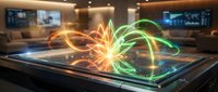 Futuristic holographic display with colorful light trails emerging from tablet screen in modern office environment for technology presentations.