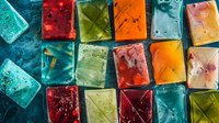 Colorful frozen ice cubes with herbs, berries and flowers arranged in geometric pattern on dark background, macro food photography for creative cocktails.