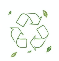Green recycling symbol with natural leaves around it drawn in minimalist line art style on white background, eco-friendly concept for environmental design.