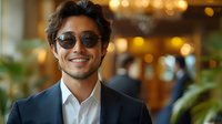 Young professional businessman with sunglasses smiling confidently in modern office or restaurant setting with warm bokeh lighting background.