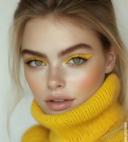 Young blonde woman with striking yellow eyeliner makeup wearing bright yellow turtleneck sweater. Creative colorful eye makeup look for beauty and fashion.