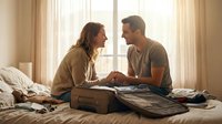 Young couple sitting on bed with open suitcase, packing clothes together for travel, having conversation in bright bedroom with natural window light.