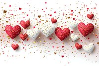 Romantic red and white glittery hearts with golden confetti scattered on white background for Valentine's Day celebration and love themed designs.