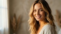 Young blonde woman with wavy hair smiling warmly in cozy home interior with natural lighting and pampas grass decor for lifestyle content.