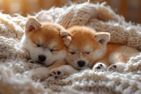 Two sleeping Akita Inu puppies cuddled together on soft white knitted blanket, showing tender moment between ginger-colored siblings in warm lighting.