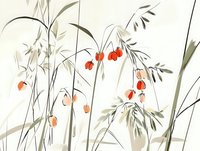 Delicate oriental brush painting featuring red berries and bamboo stems in minimalist Asian style, watercolor technique on light background. Suitable for wall art.