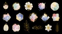 Watercolor geometric frames with gold outlines, floral and leaf elements, pastel splashes, isolated on transparent background. Great for stickers, cards, t-shirt design, sublimation.