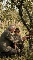 Senior grandfather teaching young grandson apple picking in autumn orchard, sharing traditional farming knowledge and family bonding outdoors.