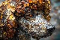 Artistic mosaic wolf portrait with amber glowing eyes and intricate tile patterns in copper, gold and silver tones creating mystical wildlife wall art effect.