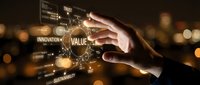 Young professional hand touching glowing digital interface displaying business concepts like innovation, value, and sustainability against blurred city lights background for corporate technology solutions.