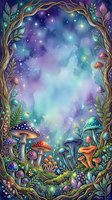 Enchanted forest frame with magical mushrooms, glowing stars, and celestial watercolor sky in purple, blue, and teal tones. Isolated design element for fantasy artwork, book illustrations, and creative projects.