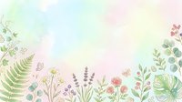 Soft watercolor floral border with pastel herbs, ferns, roses, lavender, daisies, and butterflies on a dreamy gradient background for cards or invitations.