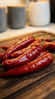 Fresh red chili peppers on wooden cutting board in modern kitchen setting for cooking and culinary preparation.